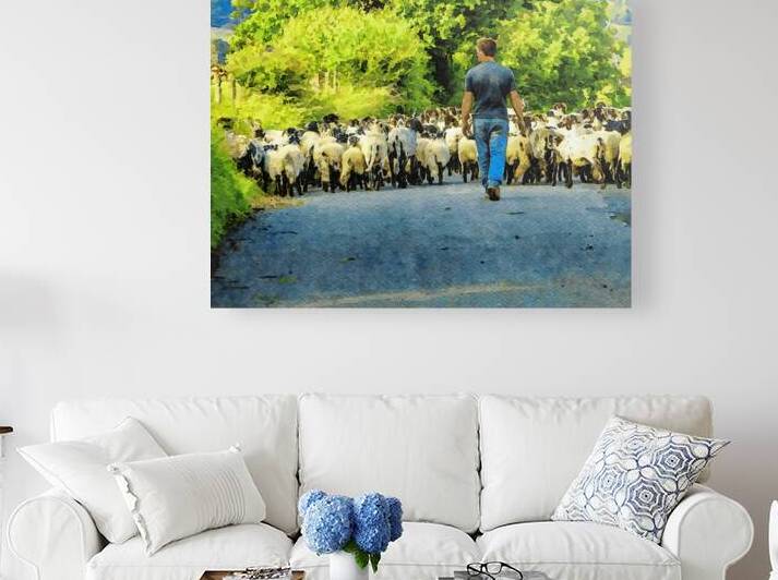 Shepherd guiding sheep along a scenic country road in watercolor style by Gestalt Imagery