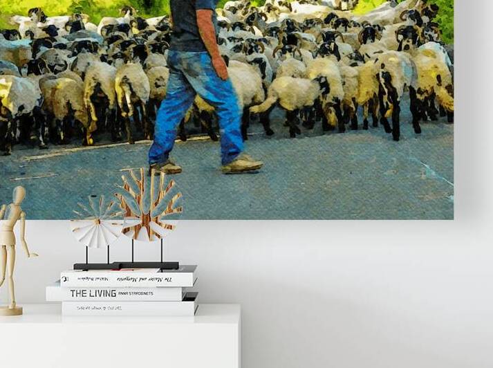 Watercolor depiction of a shepherd with sheep in the Lake District by Gestalt Imagery