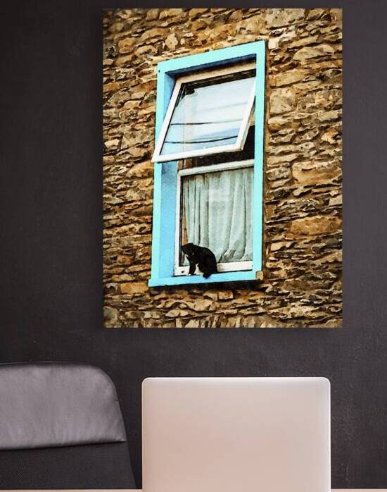 Charming watercolor painting of a cat at a cottage window by Gestalt Imagery