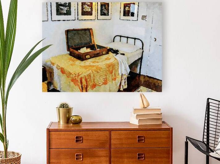 Vintage suitcase on bed in nostalgic room setting by Gestalt Imagery