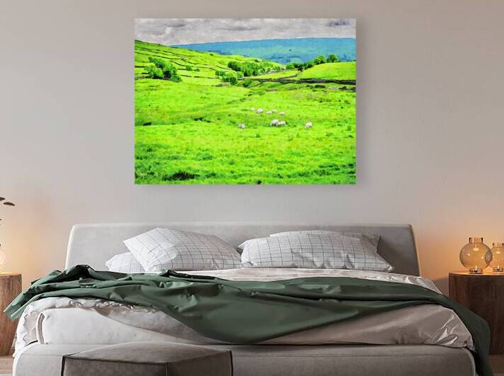 Watercolor landscape in the Lake District with grazing sheep by Gestalt Imagery