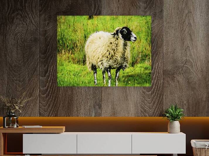Watercolor artwork of a fluffy sheep in vibrant green field by Gestalt Imagery