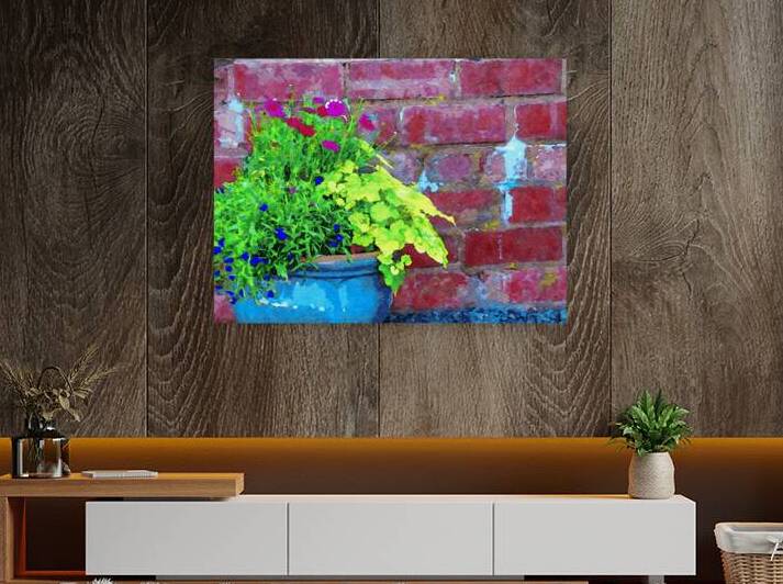 Vibrant watercolor painting of flowers against a brick wall by Gestalt Imagery