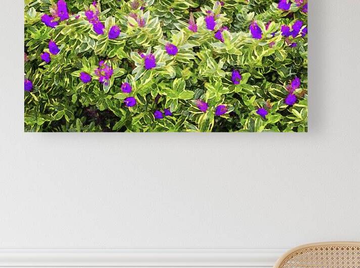Colorful watercolor painting of purple hebe flowers with green foliage by Gestalt Imagery