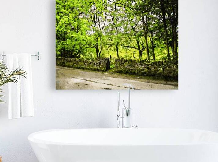 Charming Cotswolds landscape in watercolor with lush green trees and stone wall by Gestalt Imagery