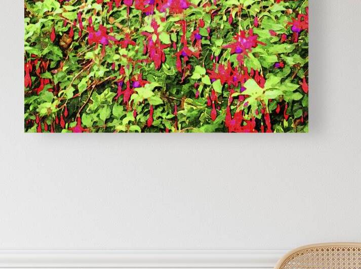 Vibrant watercolor fuchsia flowers in lush green garden by Gestalt Imagery