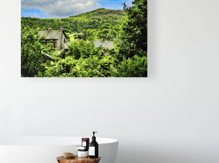 Scenic watercolor of Lake District cottages surrounded by lush green landscape by Gestalt Imagery
