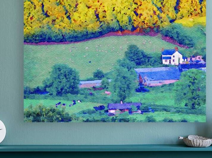 Watercolor landscape of sheep and cows grazing in Welsh countryside by Gestalt Imagery