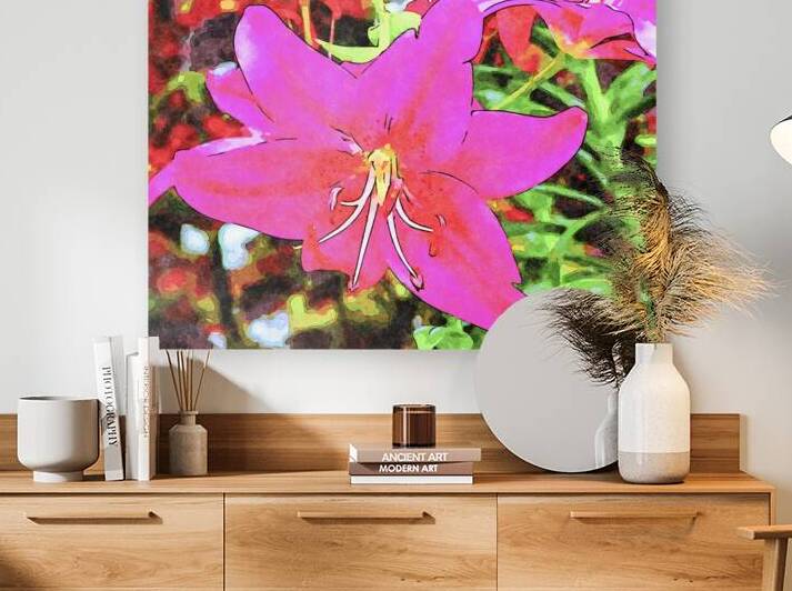 Vibrant watercolor illustration of a blooming pink lily in nature by Gestalt Imagery