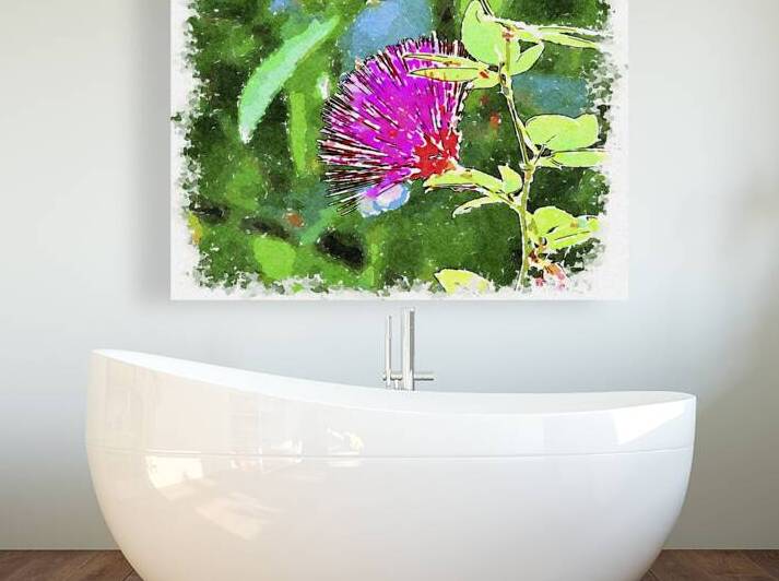 Vibrant watercolor of a red powder puff flower in a lush garden setting by Gestalt Imagery