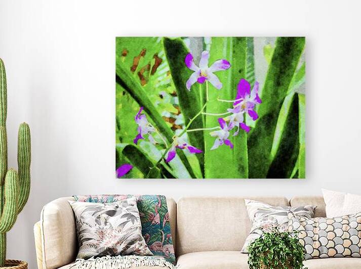 Vibrant watercolor illustration of purple orchids on green leaves by Gestalt Imagery