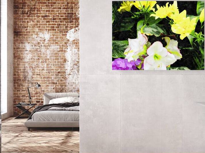 Vibrant watercolor painting of lilies and hydrangeas in a lush garden by Gestalt Imagery