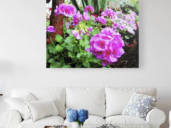 Beautiful watercolor painting of vibrant pink geranium flowers in garden setting by Gestalt Imagery