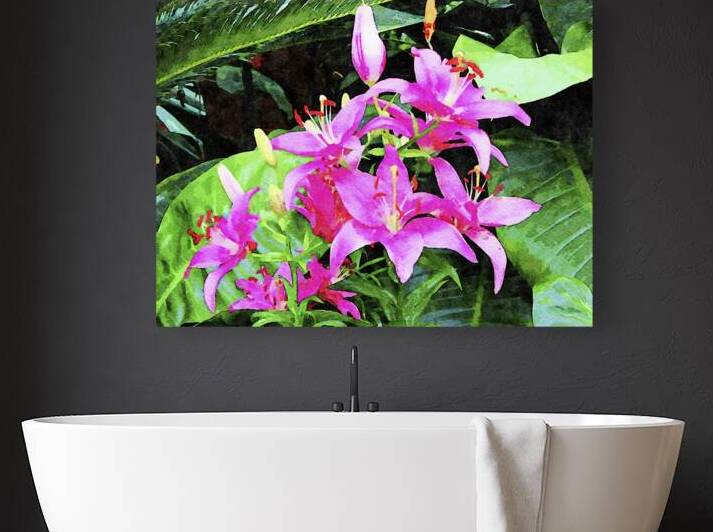 Vibrant pink lilies in a lush green garden setting by Gestalt Imagery