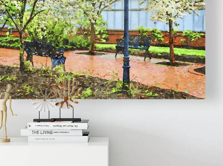 Serene garden scene with benches and blossoming trees by Gestalt Imagery