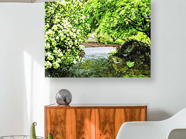 Tranquil garden path surrounded by lush green foliage by Gestalt Imagery