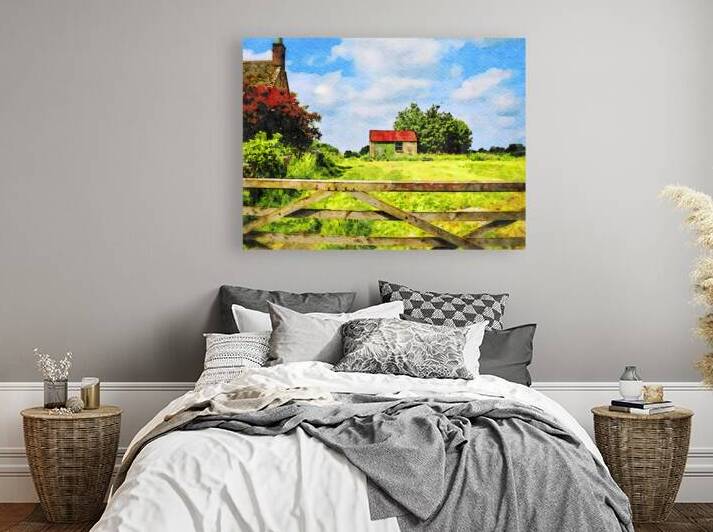 Charming watercolor of rural Cotswolds landscape with red roofed barn by Gestalt Imagery