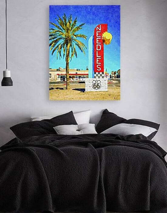Watercolor painting of Route 66 sign in Needles California with palm tree by Gestalt Imagery