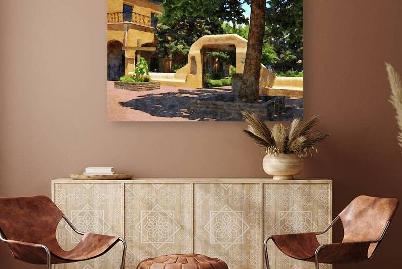 Watercolor depiction of Old Town Albuquerques distinctive architecture and lush greenery by Gestalt Imagery