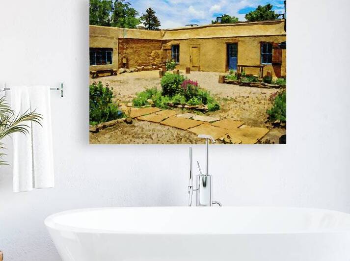 Charming adobe courtyard in watercolor depicting Taos New Mexico serenity by Gestalt Imagery