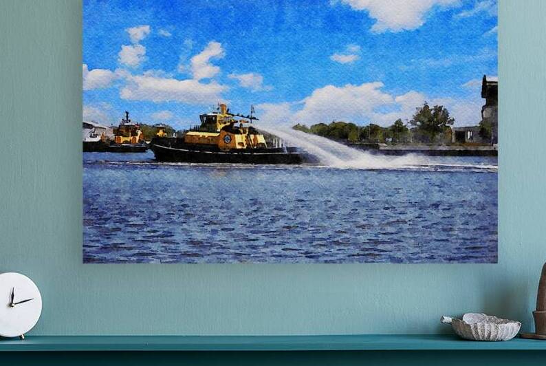 Watercolor painting of a tugboat on the Savannah River in Georgia harbor by Gestalt Imagery