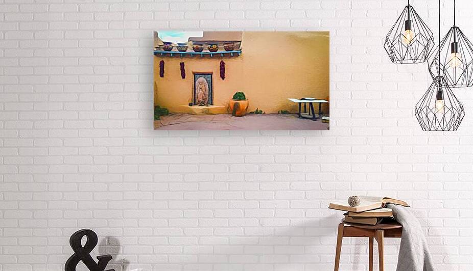 Colorful adobe courtyard scene in Taos New Mexico watercolor painting by Gestalt Imagery
