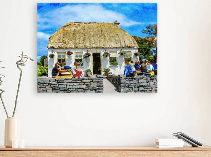 Charming thatched cottage cafe on Inishmore Aran Islands Ireland watercolor art by Gestalt Imagery