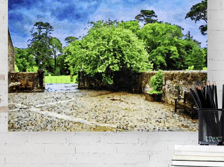 Charming watercolor painting of lush garden with stone walls by Gestalt Imagery