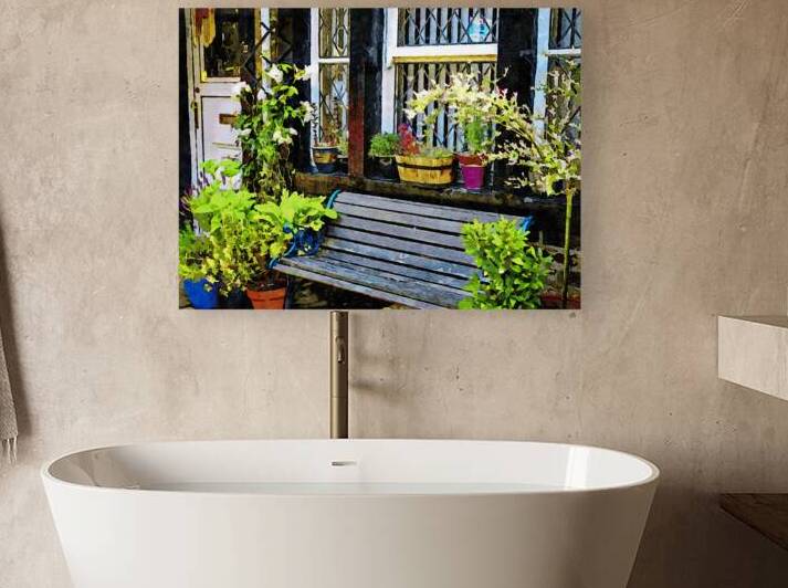 Charming watercolor of a rustic garden bench and potted plants by Gestalt Imagery