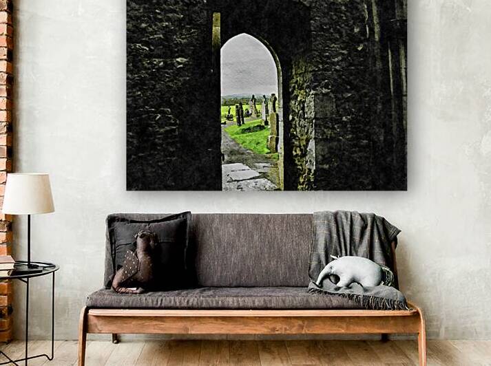 Watercolor view through an archway into the Rock of Cashel cemetery by Gestalt Imagery