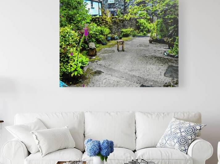 Charming rustic courtyard with lush greenery in watercolor by Gestalt Imagery