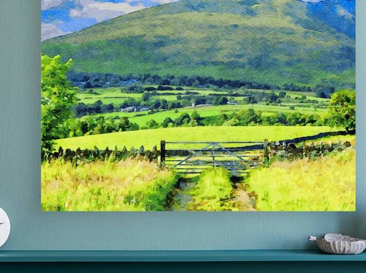 Serene watercolor painting of Lake District countryside in England with lush greenery by Gestalt Imagery