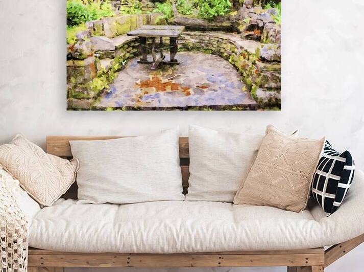 Serene garden patio with stone seating and lush greenery by Gestalt Imagery