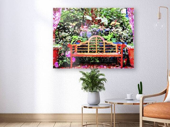 Watercolor garden bench surrounded by vibrant plants by Gestalt Imagery