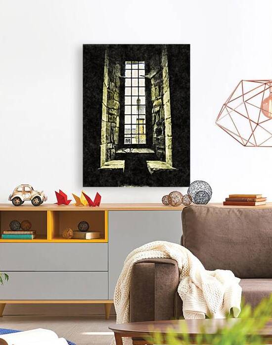 Rustic window view with stone walls and building in background by Gestalt Imagery