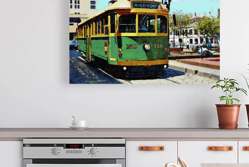 Watercolor depiction of Riverfront trolley traveling downtown Savannah Georgia street by Gestalt Imagery