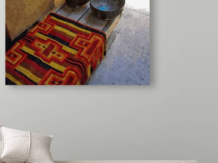 Colorful Native American textile and bowls in a rustic New Mexico setting by Gestalt Imagery