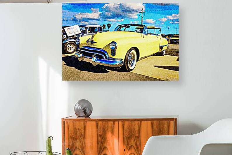 Watercolor of a classic yellow 1949 Oldsmobile 98 Futuramic Convertible by Gestalt Imagery