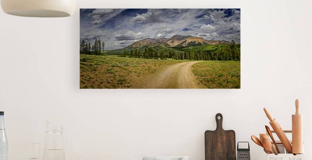 Scenic view of Sawtooth mountains with forest and dirt road unde by Gestalt Imagery