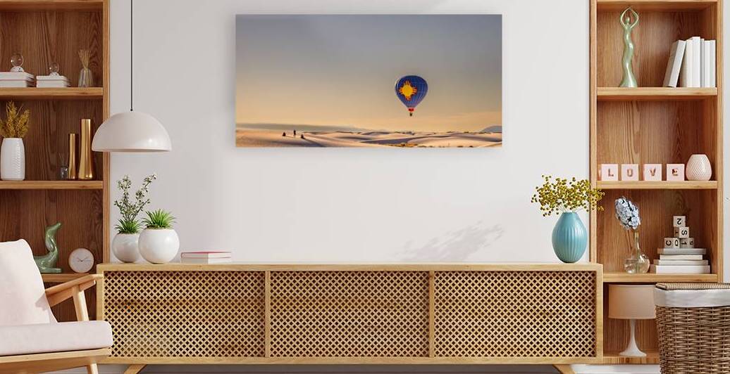 Hot air balloon soaring above White Sands National Park at sunri by Gestalt Imagery