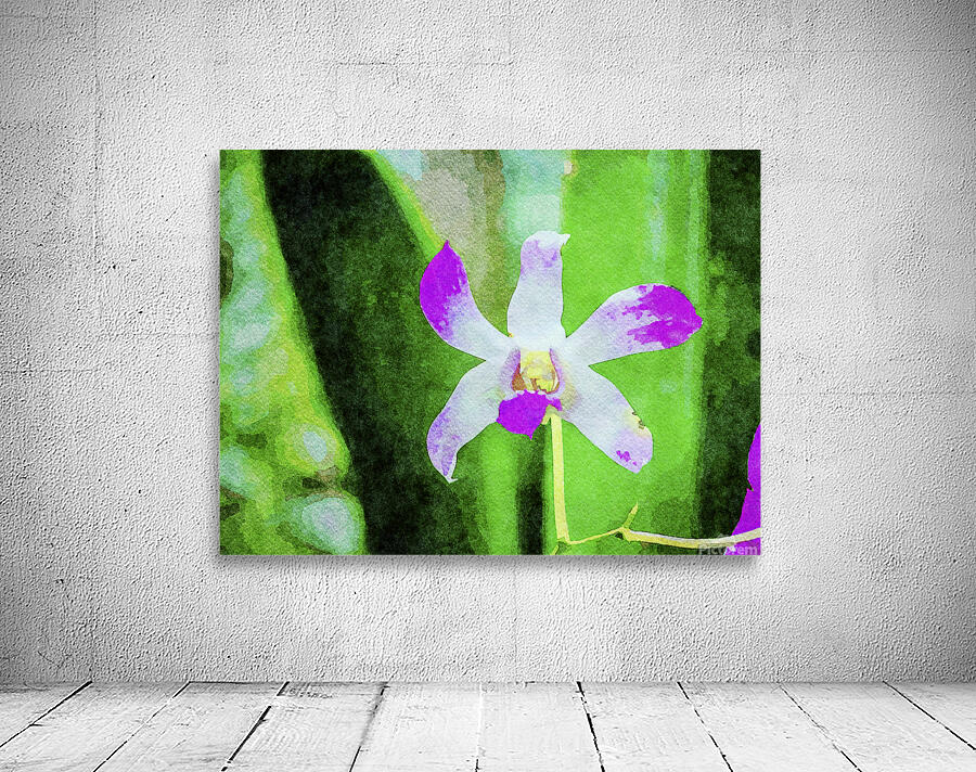 Vibrant watercolor of a purple orchid against a lush green backdrop Wall Preview