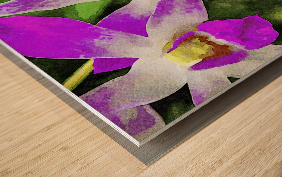 Vibrant watercolor painting of violet orchid blossoms Wood print