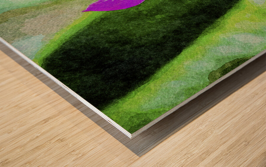 Vibrant watercolor of a purple orchid against a lush green backdrop Wood print