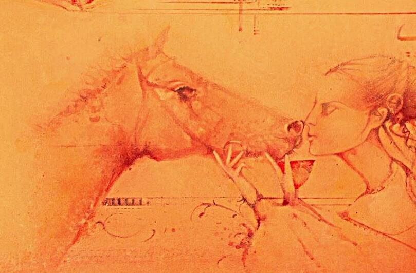 The horse whisperer.acrylic on canvas .24iins.x16 by Gerard Tunney