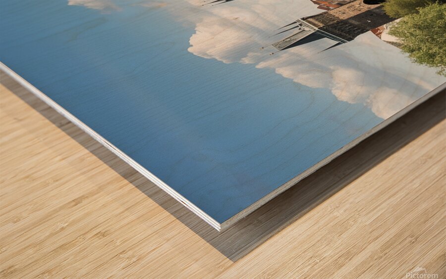 Touristic boat near the Charles bridge in Prague. Wood print