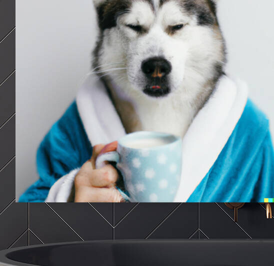 sleepy siberian husky in robe holding coffee by Tim A Rowland