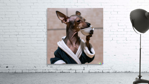 tiny dog in bathrobe drinking coffee Wall Preview