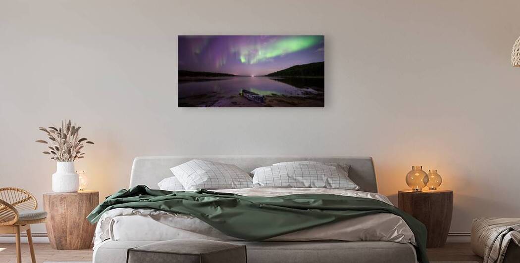 Tranquil Canoe Adventure: Northern Lights Amidst Boreal Forest and Serene Lake by Dre Erwin Photography