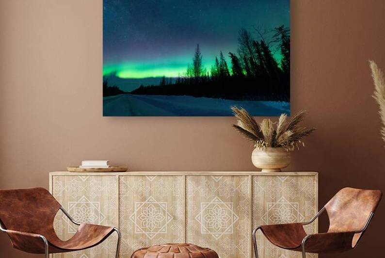 Remote Saskatchewan Beauty: Dre Erwins Winter Capture of a Boreal Forest Northern Lights and a Serene Dirt Road by Dre Erwin Photography