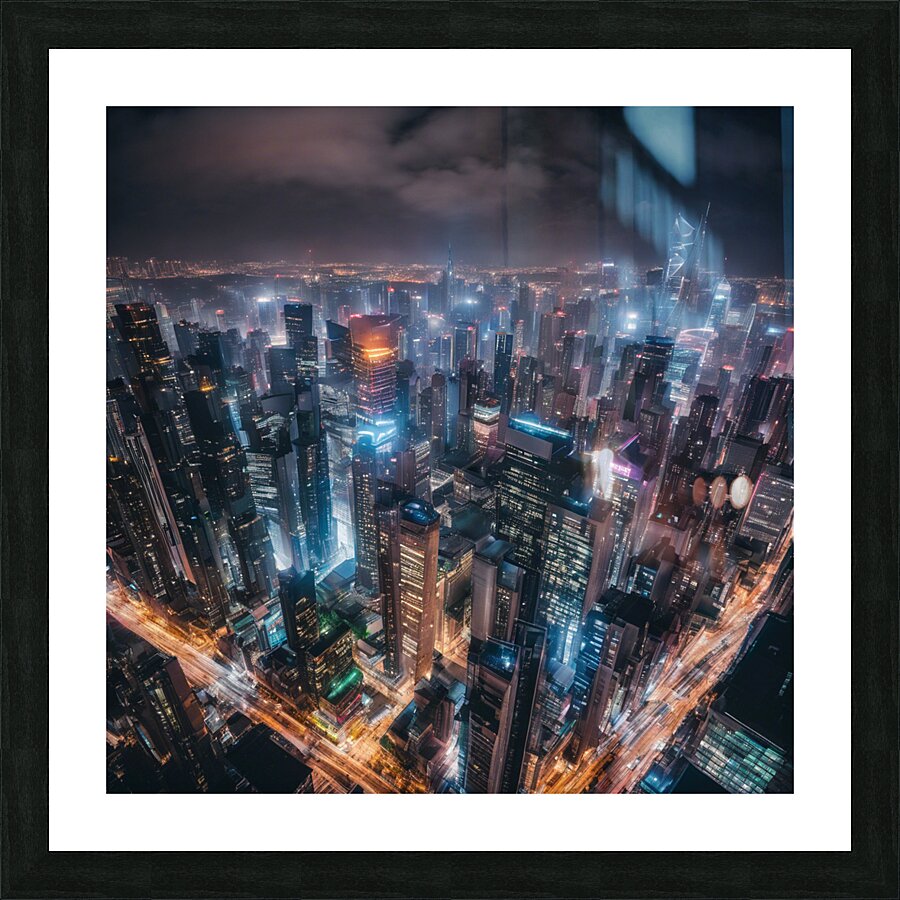 A bustling city skyline at night neon lig Picture Frame print